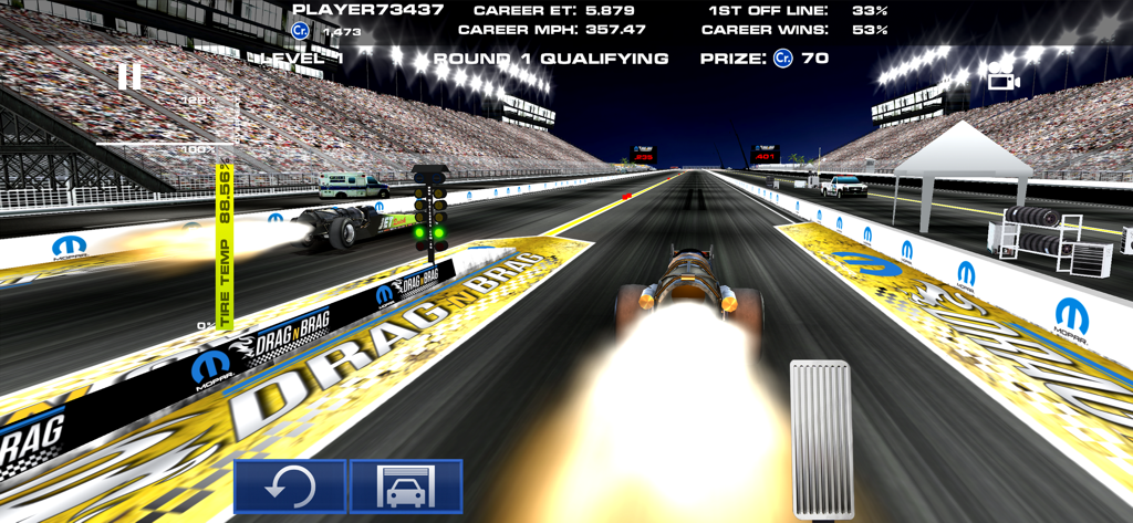 Mopar Drag N Brag - A drag racing car performing a tire burnout on a racing strip in the Mopar Drag N Brag mobile game.