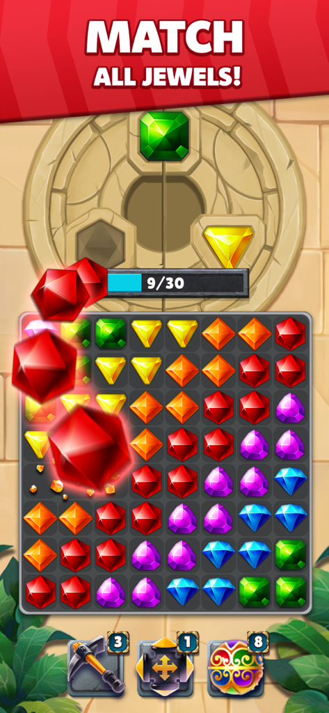 Jewel Hunter Lost Temple - A match 3 puzzle grid in Jewel Hunter Lost Temple with colorful jewels and a jungle background.