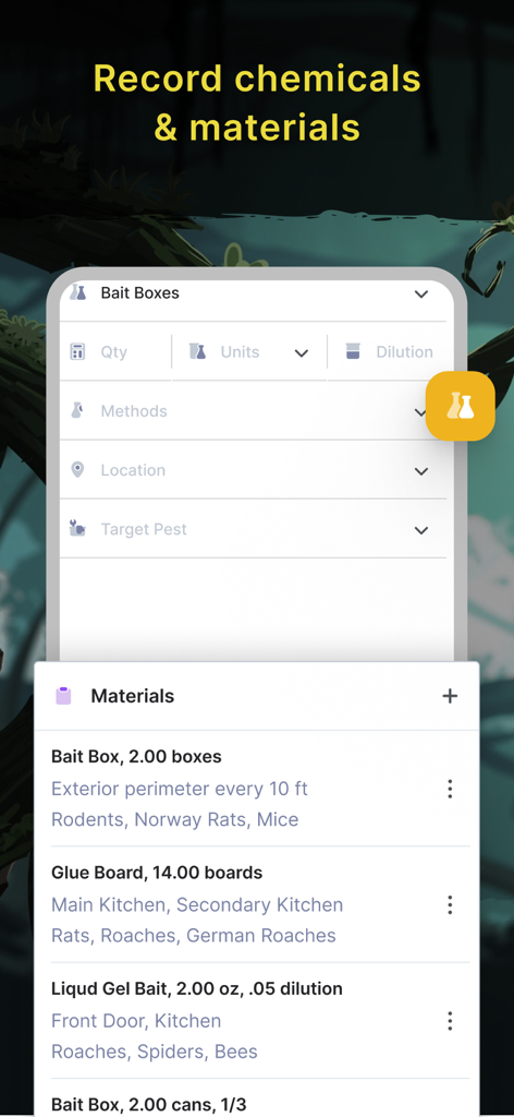 GorillaDesk - GorillaDesk app interface for recording pest control chemicals and materials used on a job