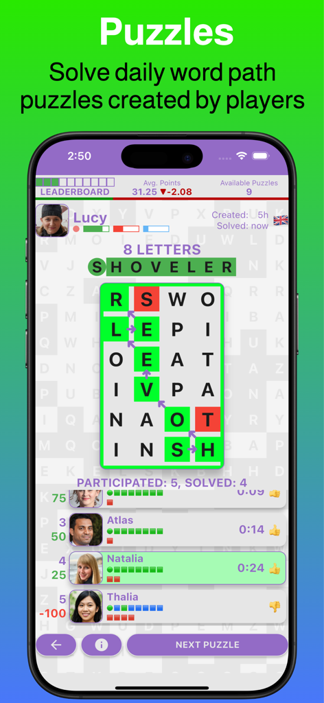 Word Puzzle Game: LetterGrid - LetterGrid mobile app showing a daily word path puzzle and player leaderboard