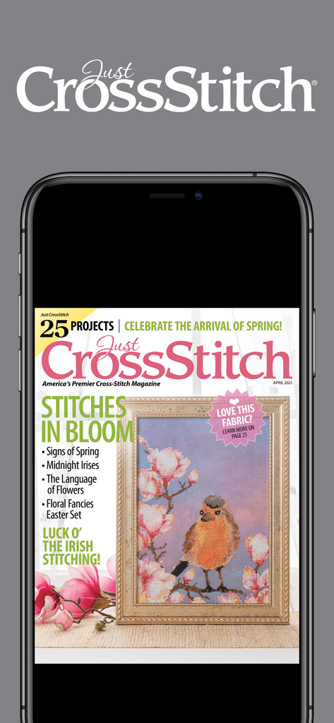 Just CrossStitch magazine digital cover displayed on a mobile phone showing a bird embroidery project