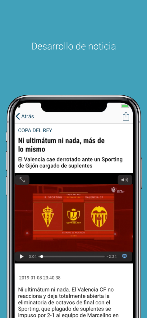 Superdeporte - Superdeporte app screen showing a sports news article about a Valencia CF soccer match