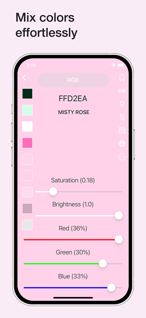 Color Wheel - カラーホイールアプリのモバイルインターフェース。正確な色混合のために彩度、明るさ、RGB値を調整するためのスライダーが表示されています