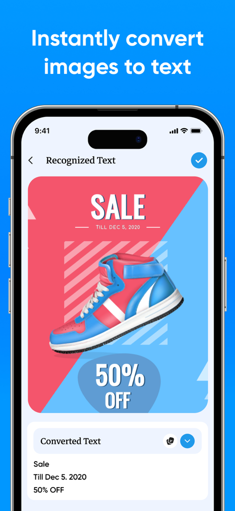 All Document Viewer - Open PDF - Screenshot of a mobile app feature that converts text from images into editable digital text using OCR technology