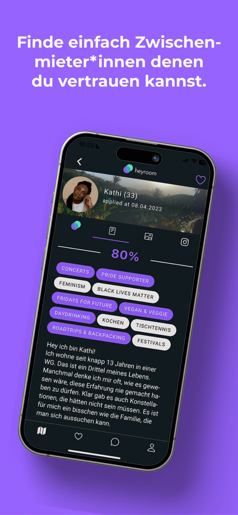 heyroom - WG's suchen & finden - A roommate profile on the heyroom app showing a compatibility score and lifestyle interest tags