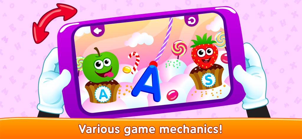 Schermata dell'app educativa per bambini con personaggi di cibo divertente e lettere dell'alfabeto