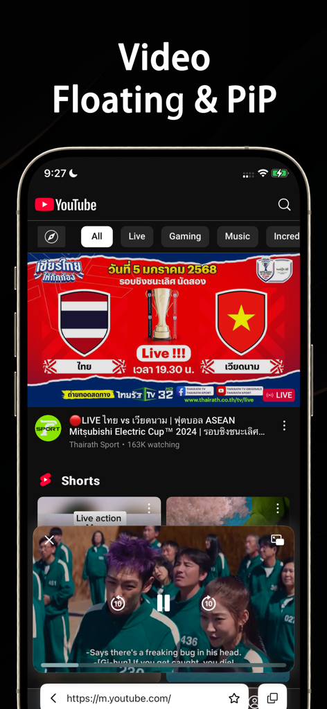 Video Tube：Video&Music Player - Smartphone mostrando reproducción de video flotante Picture in Picture