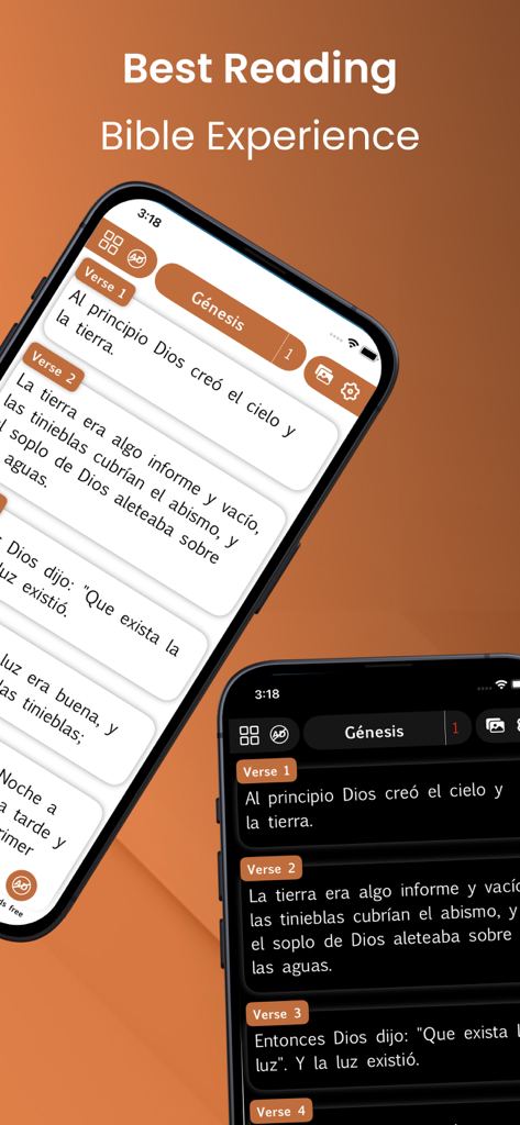 La Santa Biblia Católica. - Mobile interface of the La Santa Biblia Catolica app showing Genesis verses in both light and dark mode reading themes