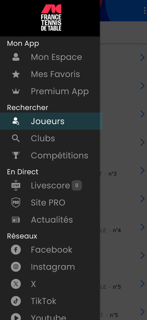 Side navigation menu of the FFTT official table tennis application featuring search and live score options