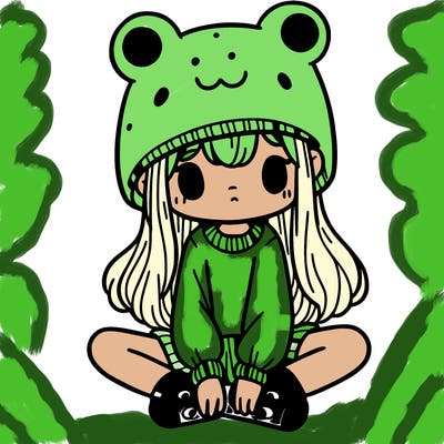 a girl wearing a frog hat and some frog socks