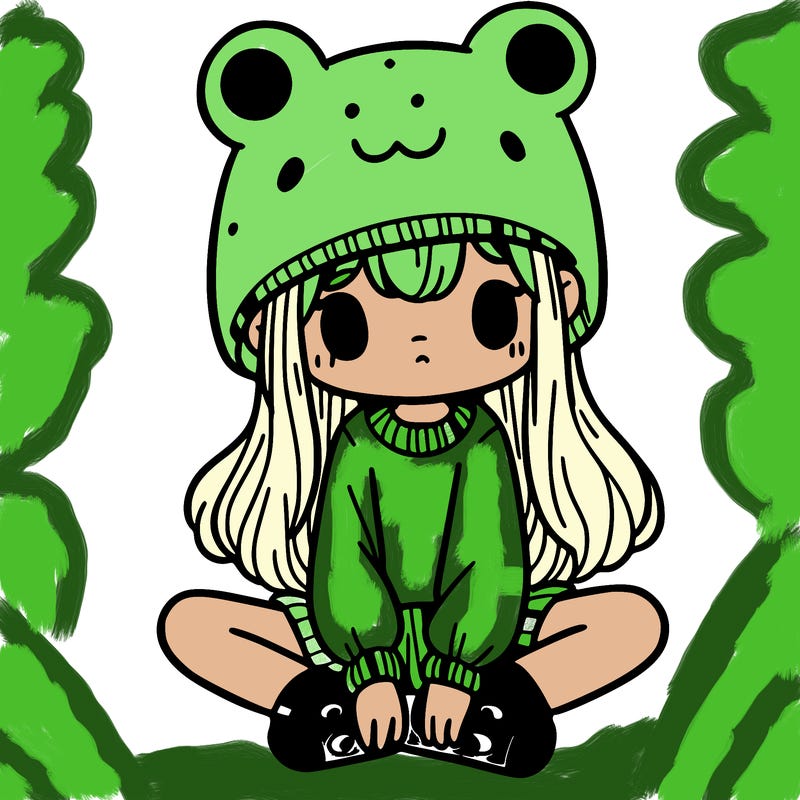 a girl wearing a frog hat and some frog socks