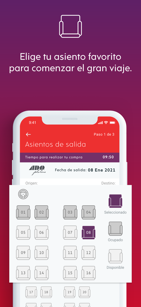 ADO - Boletos de Autobús - Seat selection layout in the ADO mobile app for bus travel in Mexico.