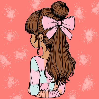 realistic girl  with hip length hair a bun and a big bow on the back of head