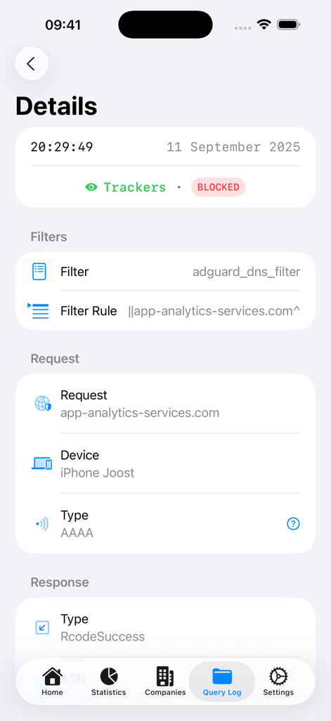 Detailed view of a blocked tracker in the Remote for AdGuard DNS query log screen.