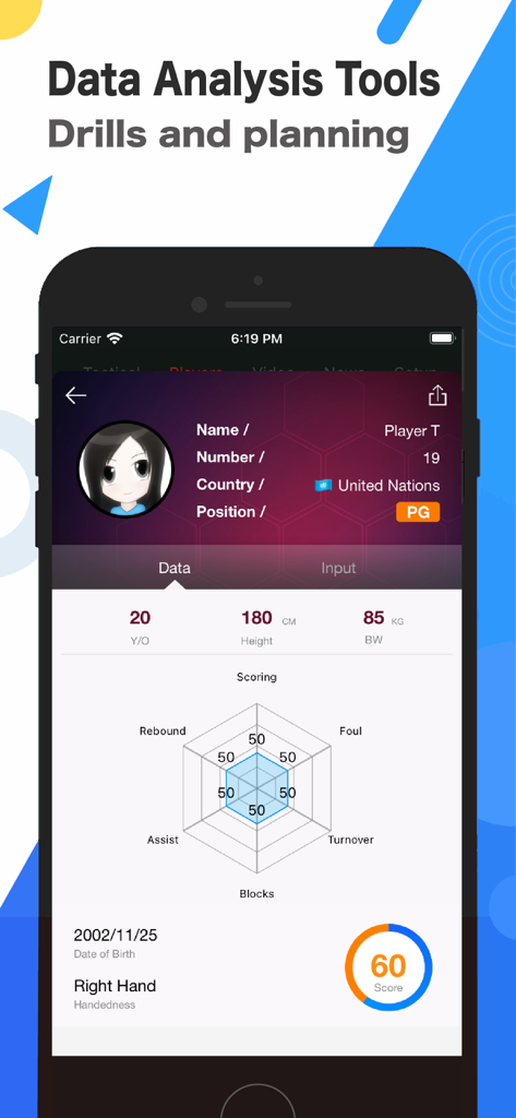 CoachBook-Basketball - Basketball player profile showing stats and performance radar chart in the CoachBook app