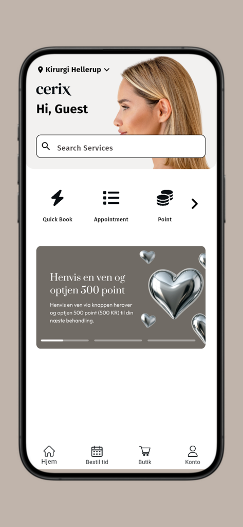 CeriX - Panel de la aplicación móvil CeriX que muestra opciones de reserva rápida, gestión de citas y puntos de recompensa por referidos.