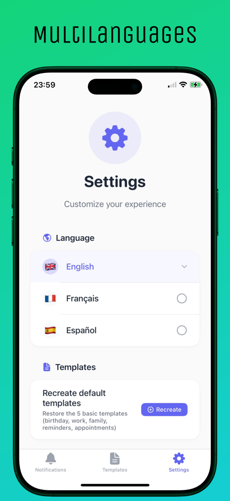 Pantalla de configuración de la aplicación TextLater que muestra opciones multilingües para inglés, francés y español y una sección para plantillas de mensajes.