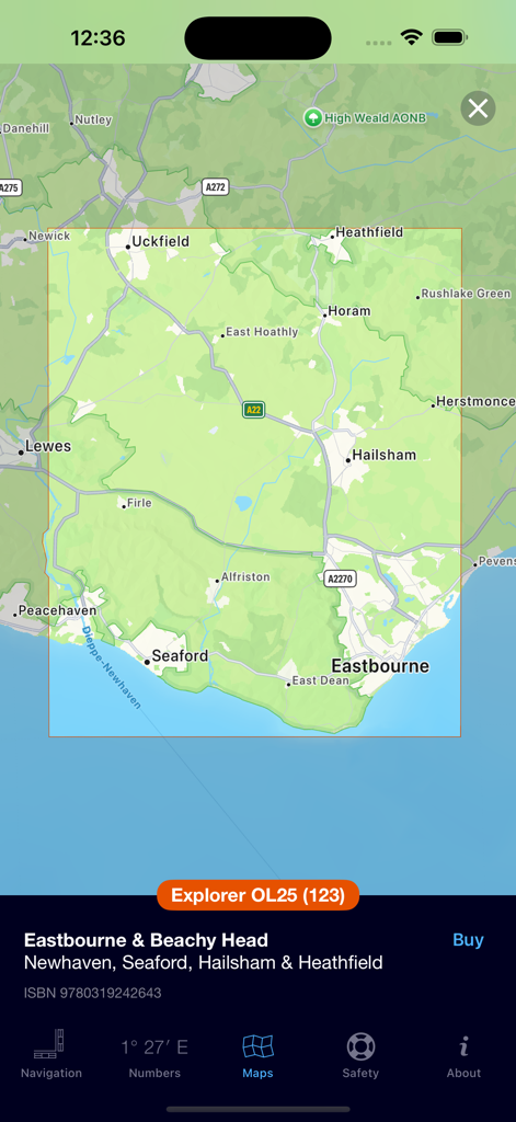 GridPoint GB - Map view showing coverage for Eastbourne and Beachy Head on an Ordnance Survey map.