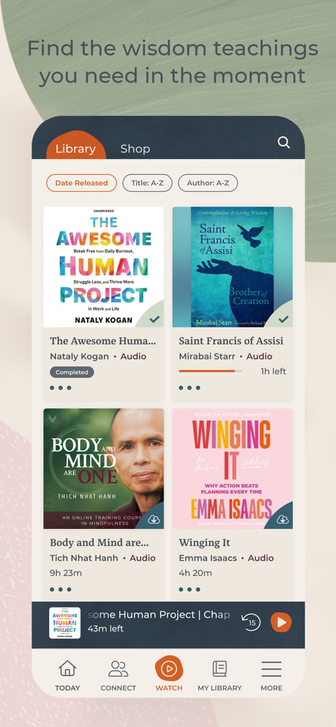 Sounds True One - The library interface of the Sounds True One app showcasing spiritual audiobooks and wisdom teachings