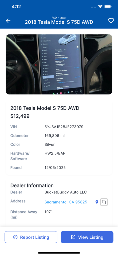 Detail screen of a 2018 Tesla Model S listing on FSD Hunter showing price and hardware specifications