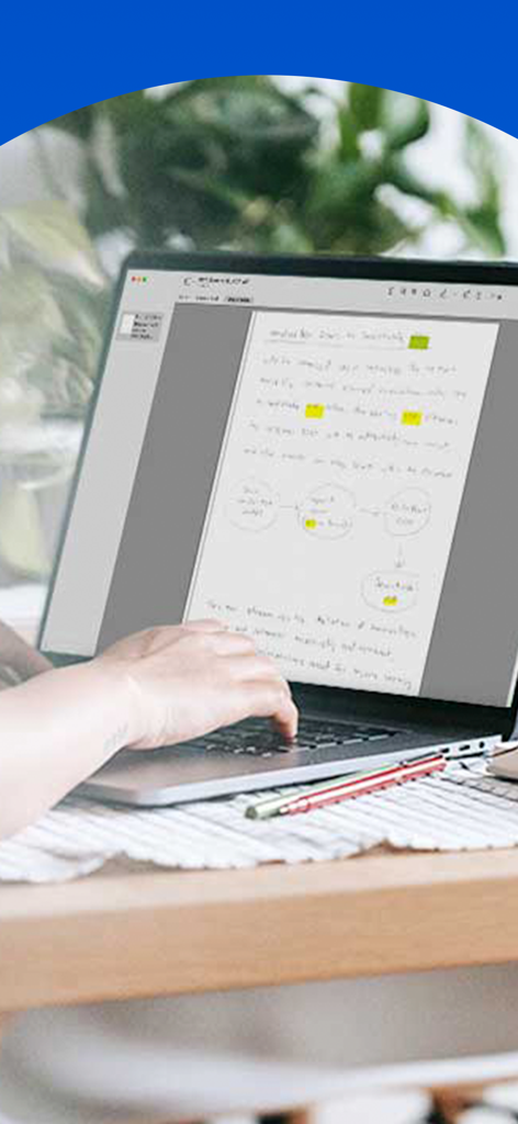 PenToPrint Handwriting to PDF - ハイライトと図が表示されたデジタル化された手書きノートがラップトップ画面に表示される