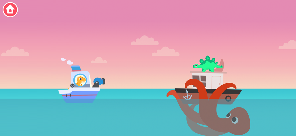 Dinosaur Patrol Boats Games - A dinosaur in a patrol boat rescuing another dinosaur from a giant octopus in the sea