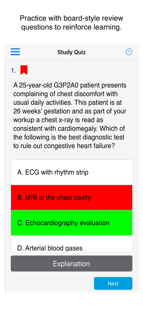 Study quiz interface in the High Risk Obstetrics Cases app showing a USMLE-style medical question with answer feedback.