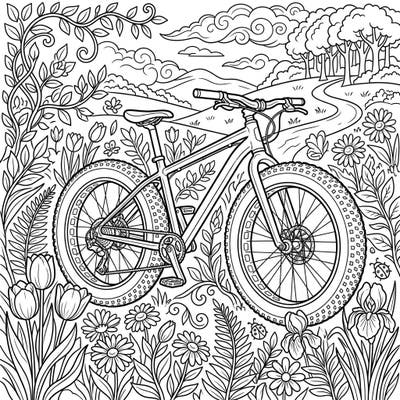 Cycle into the beauty of spring with this engaging fat bike coloring page. Explore a detailed scene brimming with fresh blossoms and natural patterns, ready for your creative touch.