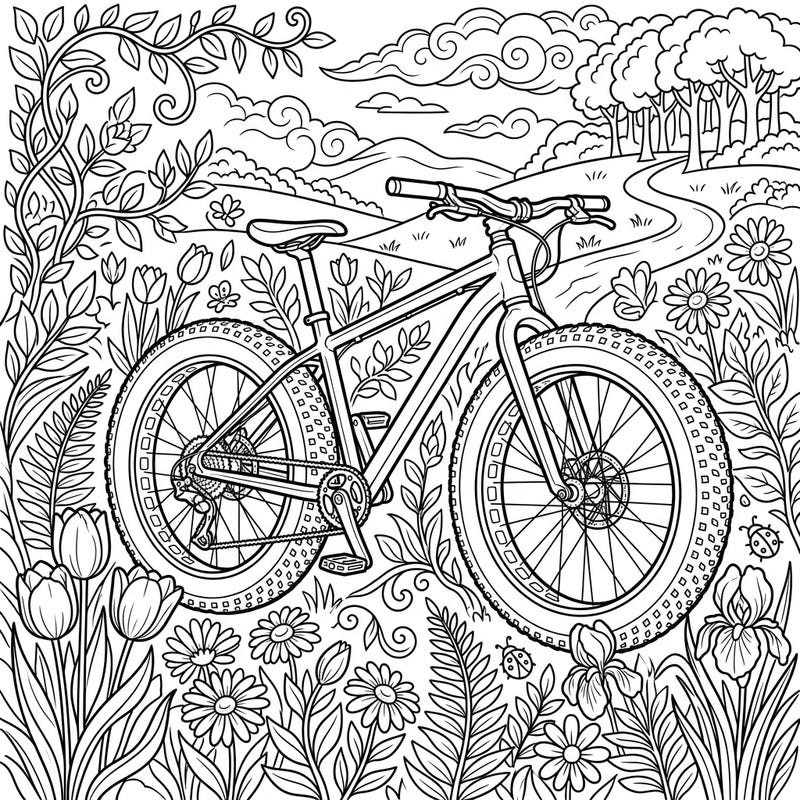 Cycle into the beauty of spring with this engaging fat bike coloring page. Explore a detailed scene brimming with fresh blossoms and natural patterns, ready for your creative touch.