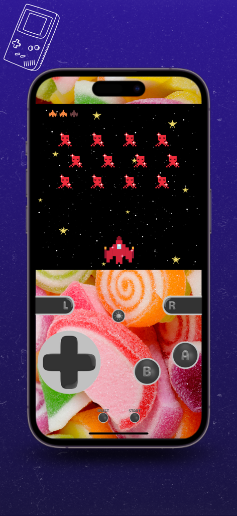 Emulador retrô iGBA jogando um jogo de tiro espacial retrô em um iPhone com uma skin personalizada com tema de doces