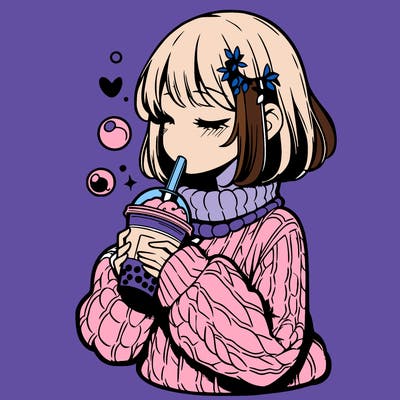 manga girl drinking boba in cozy sweater