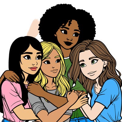 four girl friends looking out in the distance hugging each other realistic