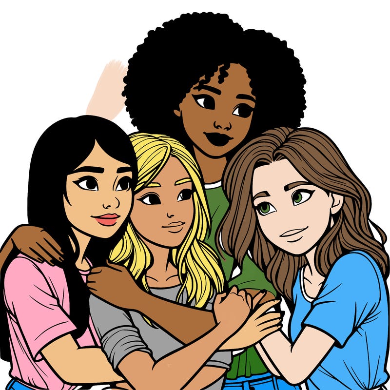 four girl friends looking out in the distance hugging each other realistic