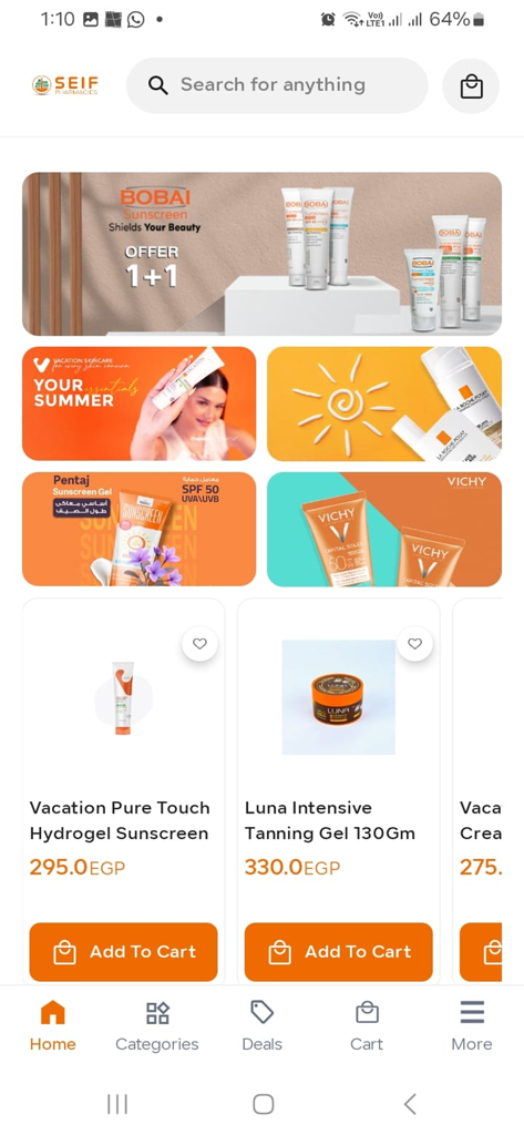 seif pharmacies - صيدلية سيف - Seif Pharmaciesモバイルアプリのホーム画面。スキンケア製品とプロモーションバナーを表示。