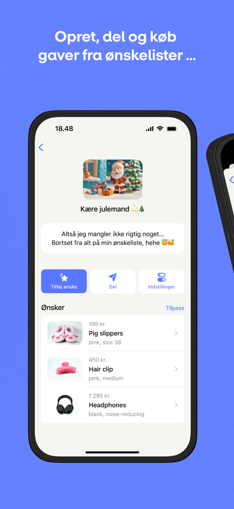 MobilePay - Écran de l'application MobilePay montrant une liste de souhaits de cadeaux numériques avec des articles comme des chaussons et des écouteurs