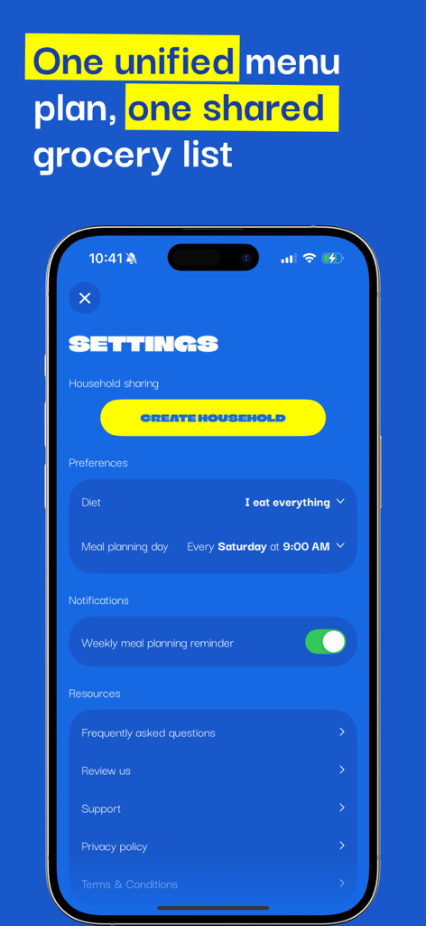 Settings screen of the OH a potato app showing household sharing and menu planning options