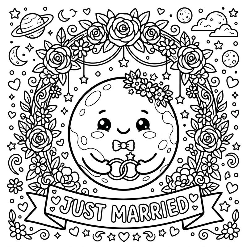 Embark on an adorable celestial celebration with our Kawaii Pluto Wedding coloring page. This charming design features a joyful Pluto, lovingly holding wedding rings, surrounded by romantic floral arches and stars.