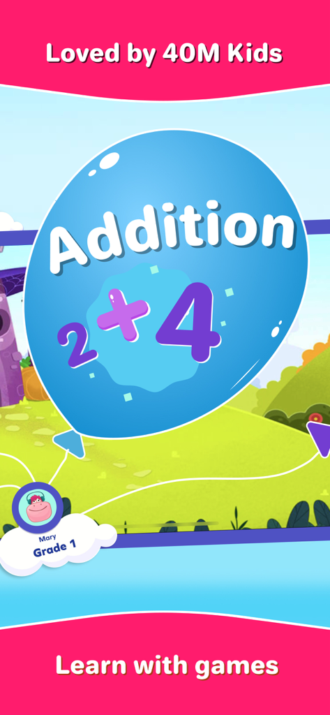 First grade math learning game screen showing an addition problem on a blue balloon with character Mary