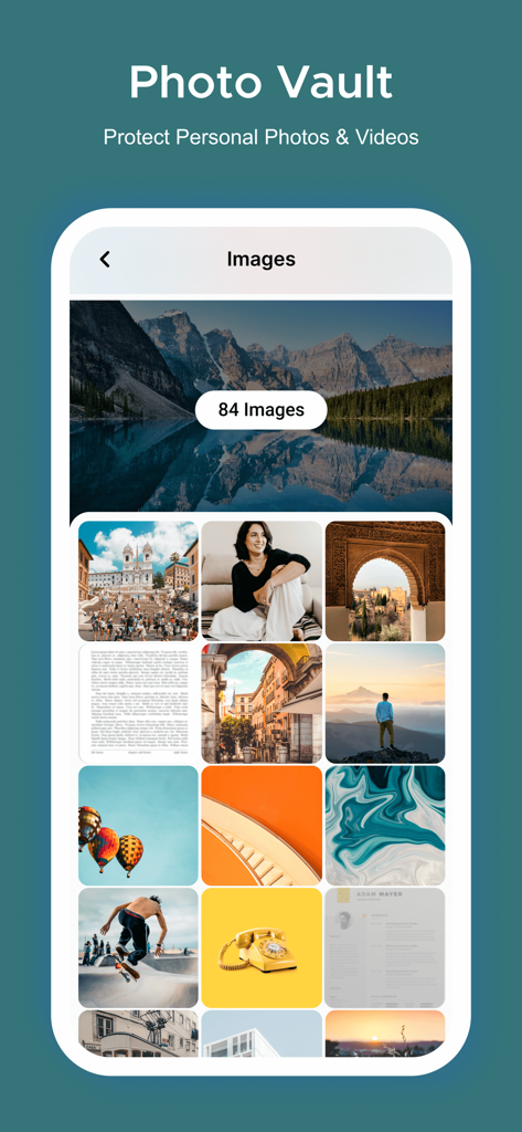 Photo Gallery : Albums - Interfaz de bóveda de fotos segura que muestra una cuadrícula de imágenes y videos protegidos