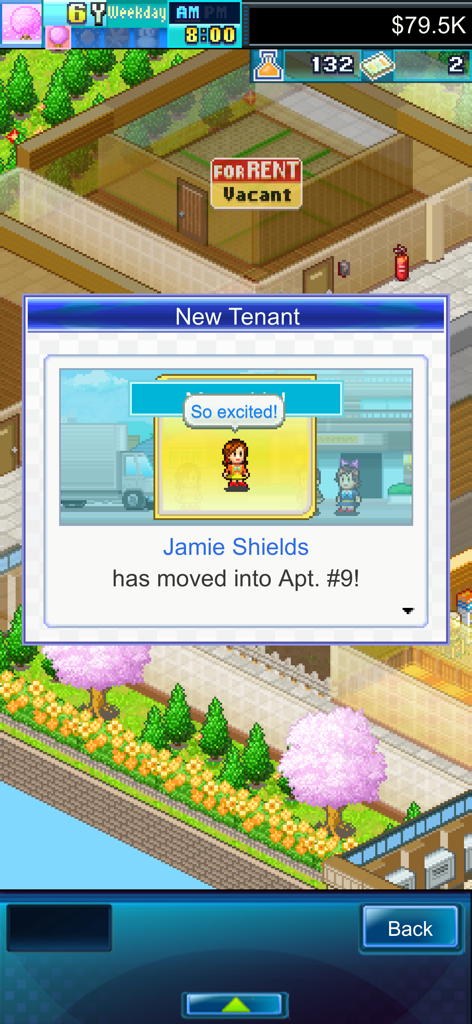 Dream House Days DX - Una notifica in pixel art in Dream House Days DX che mostra un nuovo inquilino di nome Jamie Shields che si trasferisce in un appartamento.