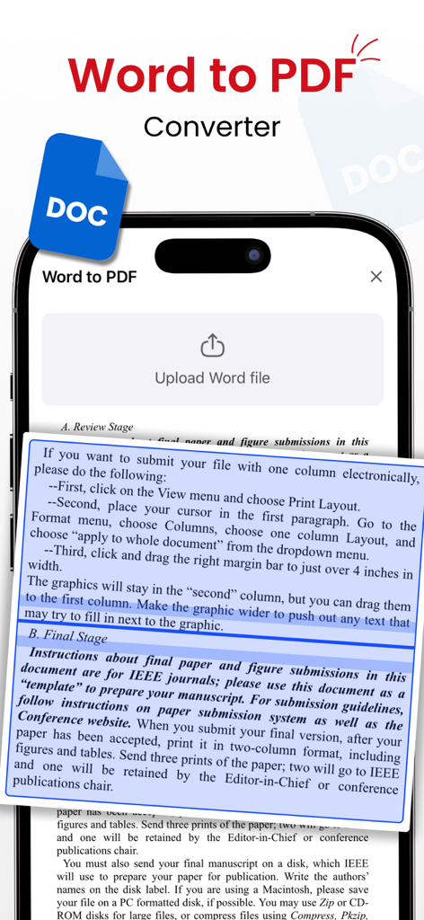 Interfaccia dell'app mobile Convertitore da Word a PDF che mostra il caricamento e l'anteprima dei documenti