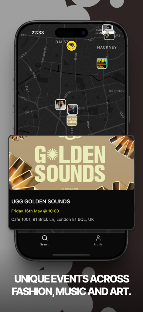 Buzz - Find Creative Events - A smartphone showing the Buzz app map interface with a curated fashion and music event card for UGG Golden Sounds