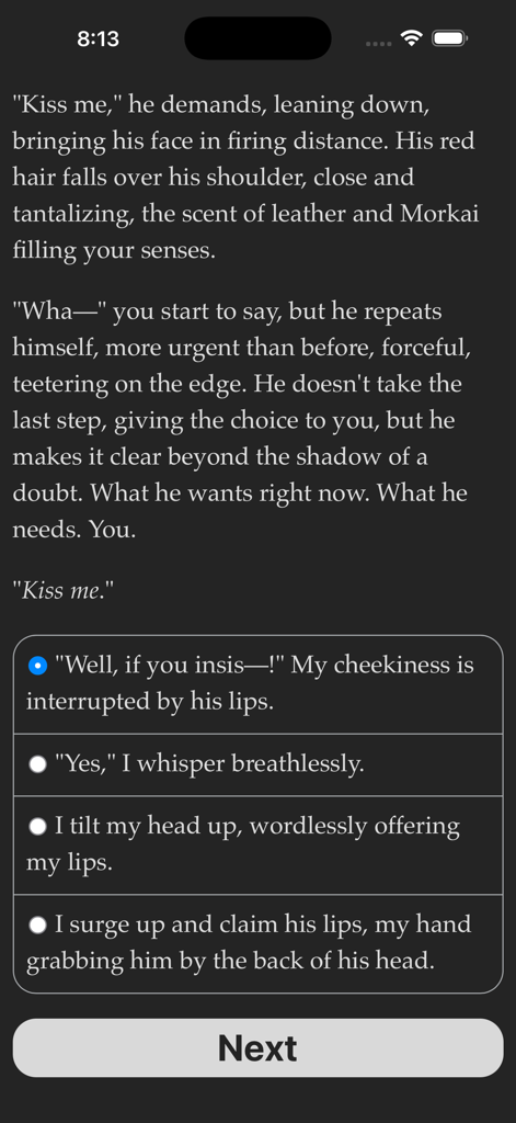 Text based interactive romance story with multiple choice player responses in Hosted Games app