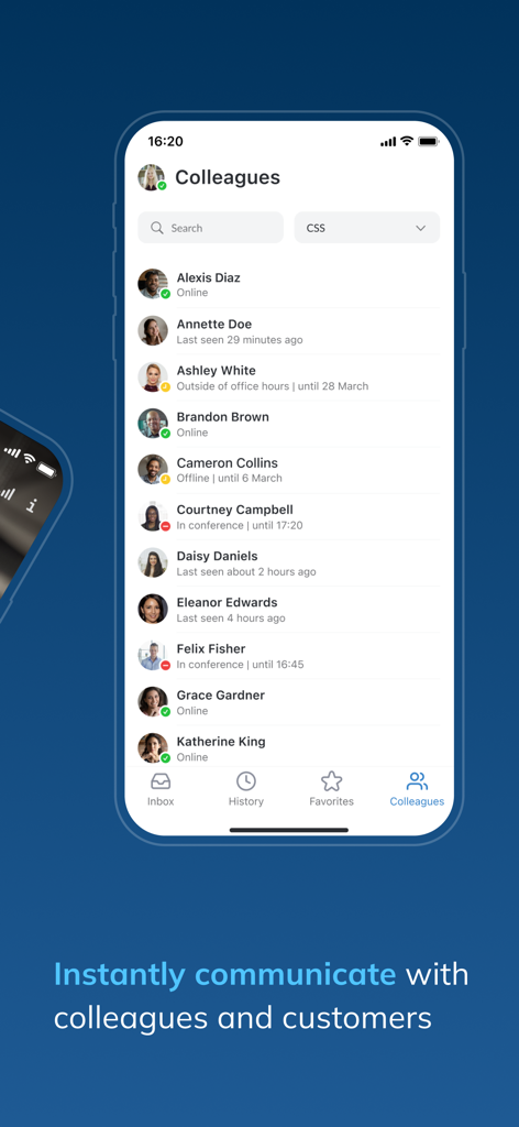 Interfaccia dell'app Wildix Collaboration 7 che mostra l'elenco dei contatti dei colleghi con indicatori di stato di presenza in tempo reale.