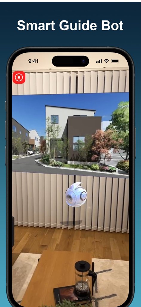3.5次元GuideBot - スマートフォンの画面に、3D住宅モデルとAIボットアシスタントが表示された3.5次元GuideBot ARインターフェースが表示されています。