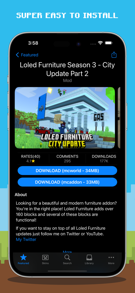 Master Mods For Minecraft PE - Screenshot of Master Mods for Minecraft PE app showing Loled Furniture City Update mod with download buttons