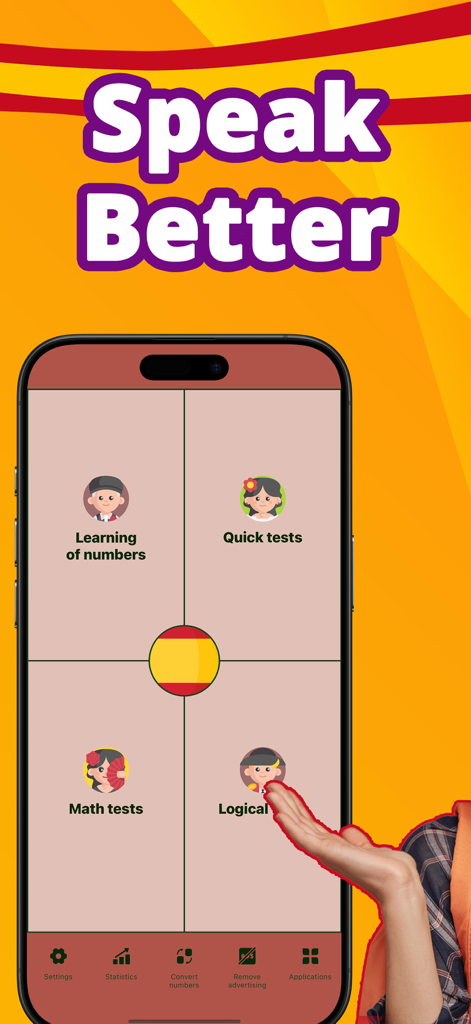 Numbers in Spanish language - Main menu of the Spanish numbers learning app showing various test modes like math and logical tests.
