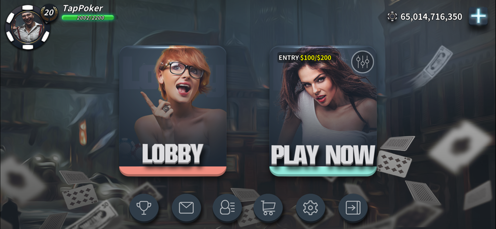 Tap Poker Social - Main menu of the Tap Poker Social app featuring Lobby and Play Now buttons.