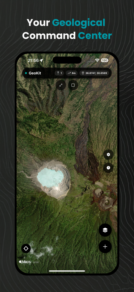 GeoKit: Geology Toolkit - GeoKit app satellite map interface showing geological terrain and location coordinates