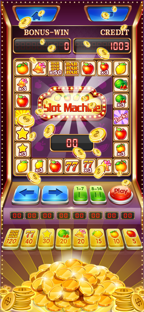 Classic fruit slot machine interface with falling gold coins and fruit symbols.